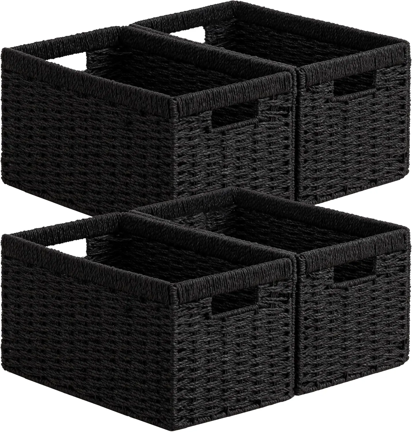 4-piece wicker basket, 13.4L×8.3H×7.1W inch, woven paper rope storage basket, foldable black.