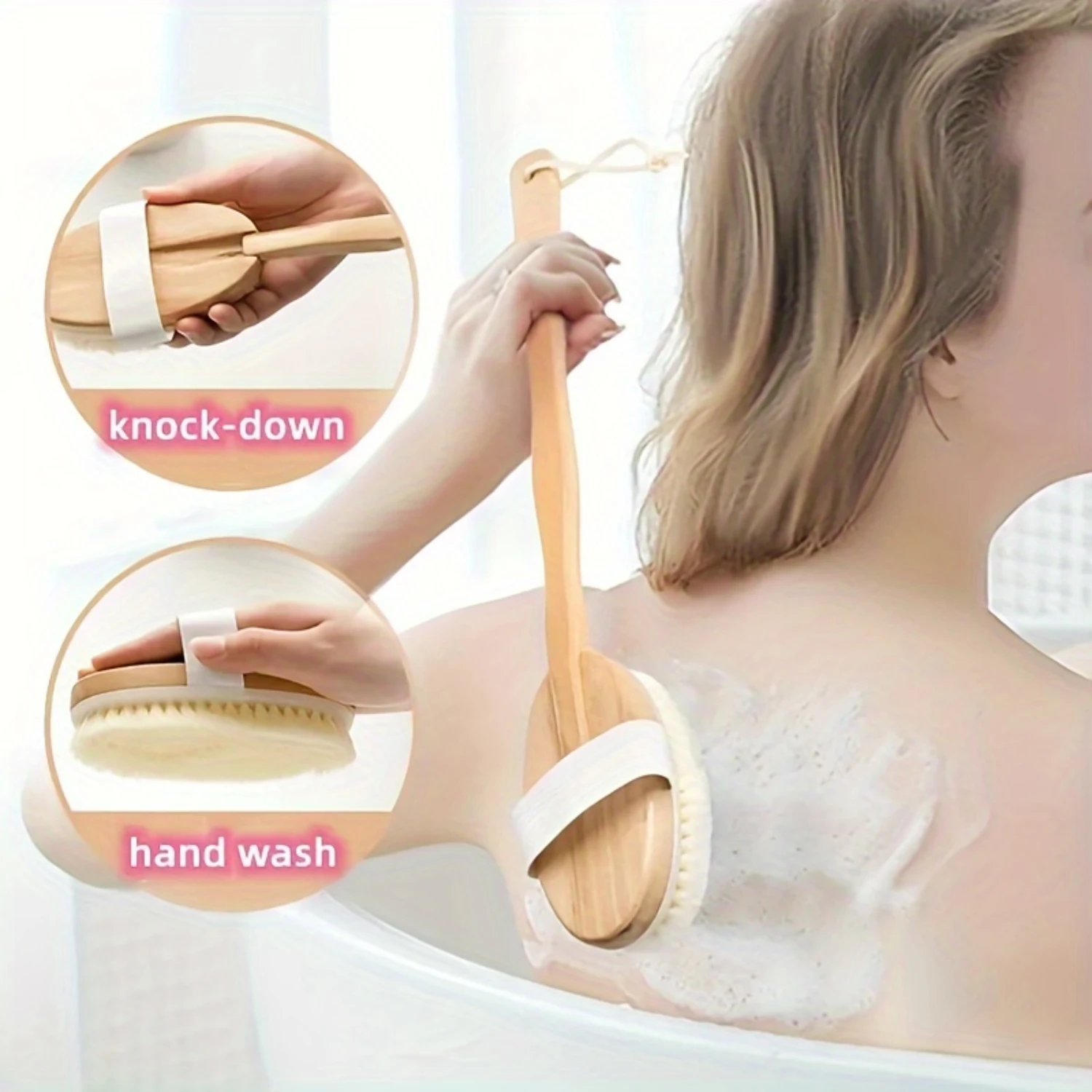 Long Handle Bath Sponge Shower Brush with Soft Natural Bristles - Back Cleaner for Women and Men, No Fragrance or Battery Needed