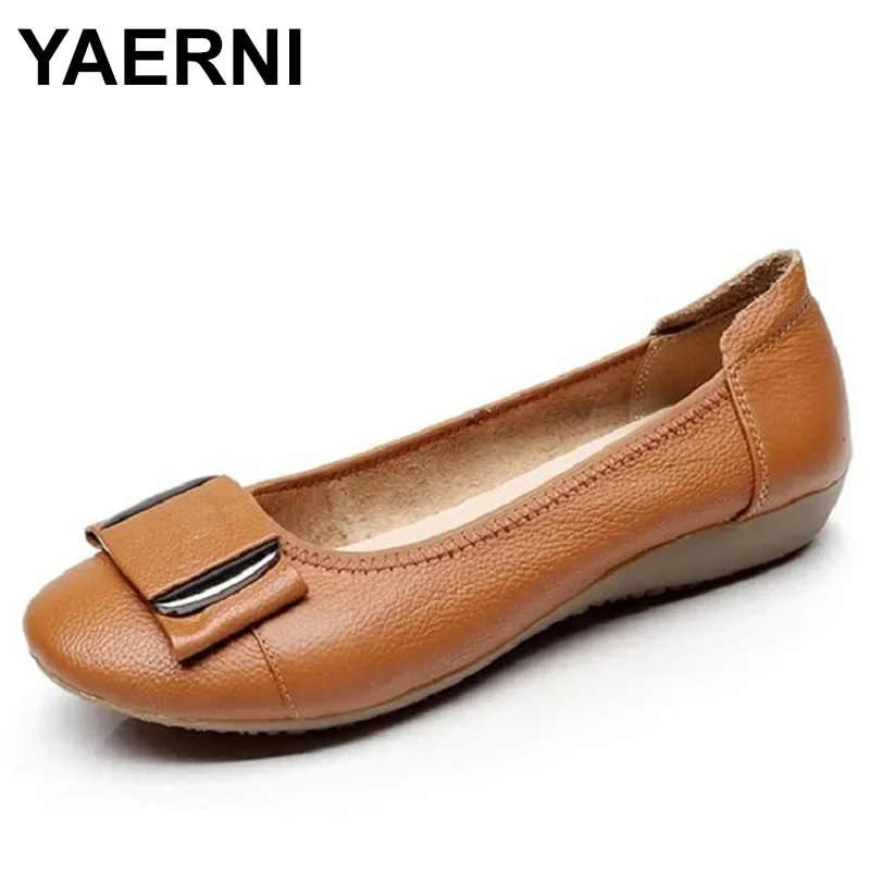 YAERNI  Women Spring Ballet Flats Genuine Leather Ballerina Luxury Shoes Women Bow Causal Slip-on Loafer Shoes For WomenE661