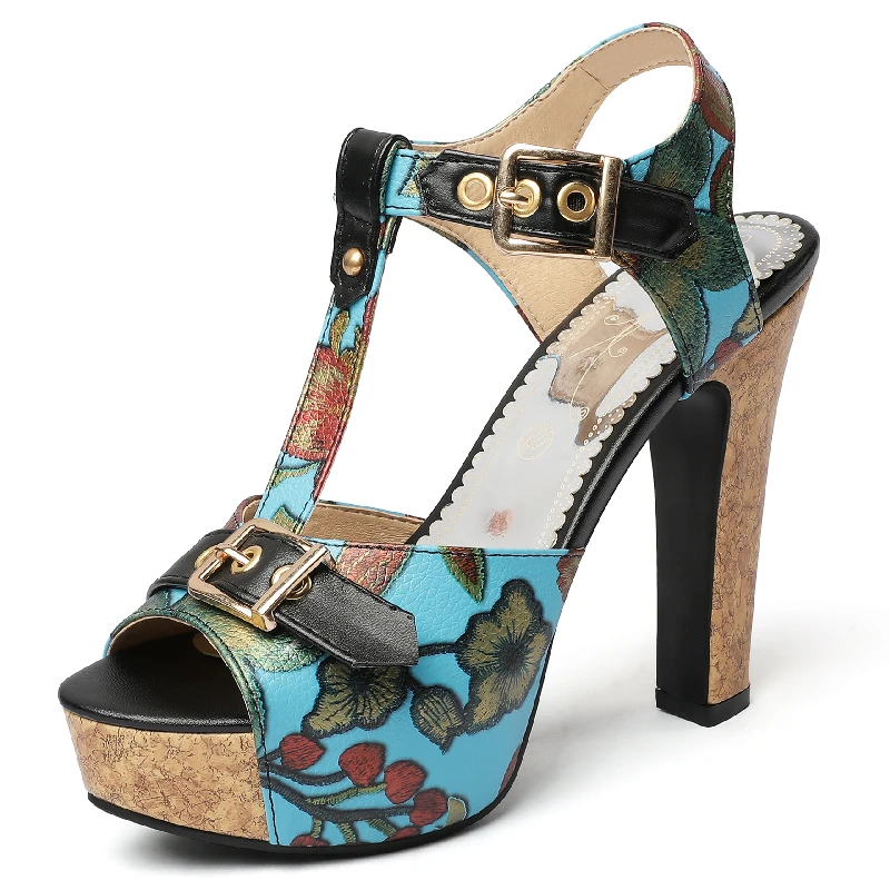 Fashion Summer Shoes For Women Sandals 2023 Peep Toe High Heels Platform T-Straps Flower Print Party Shoes Female Large Size