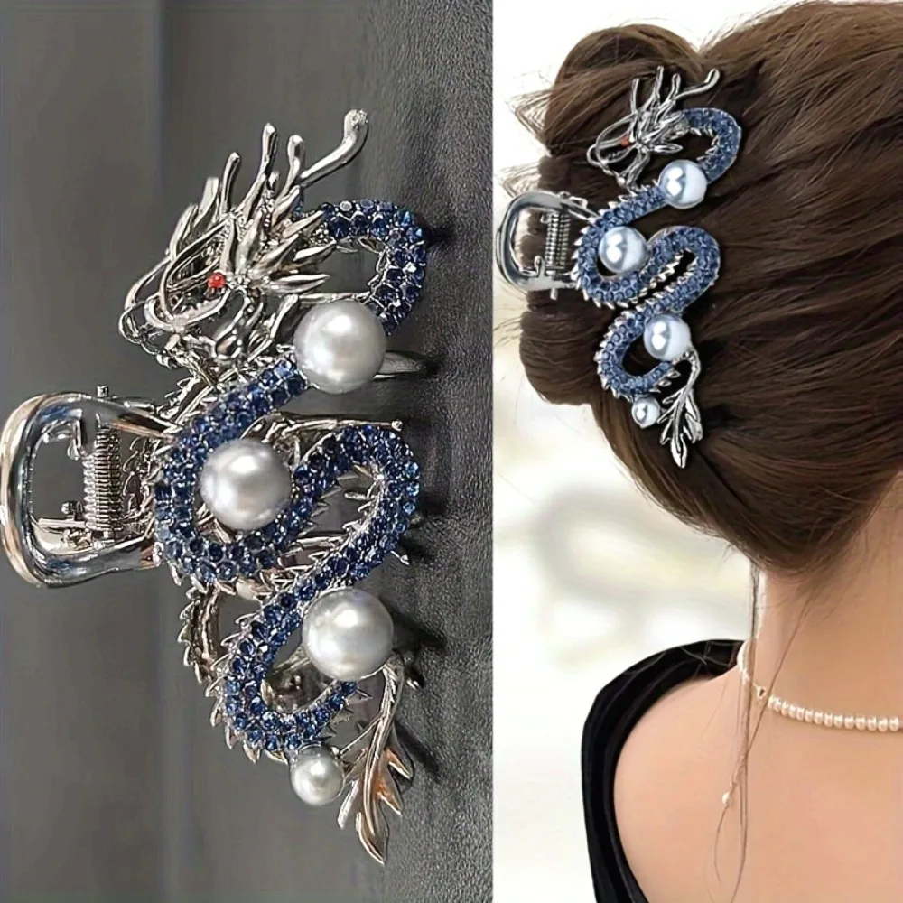 

1 шт., позолоченный синий бриллиант, дракон, жемчужный зажим, китайский стиль, инкрустированная бриллиантами пластина, аксессуар для волос, ретро, восточная эстетика