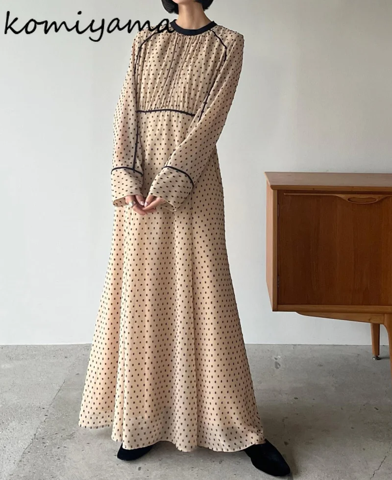 

Komiyama Hit Color Dot Print Dress High Waist Draped Vestidos Spring New Dresses Women Gentle Elegant Long Sleeve Robe Femme