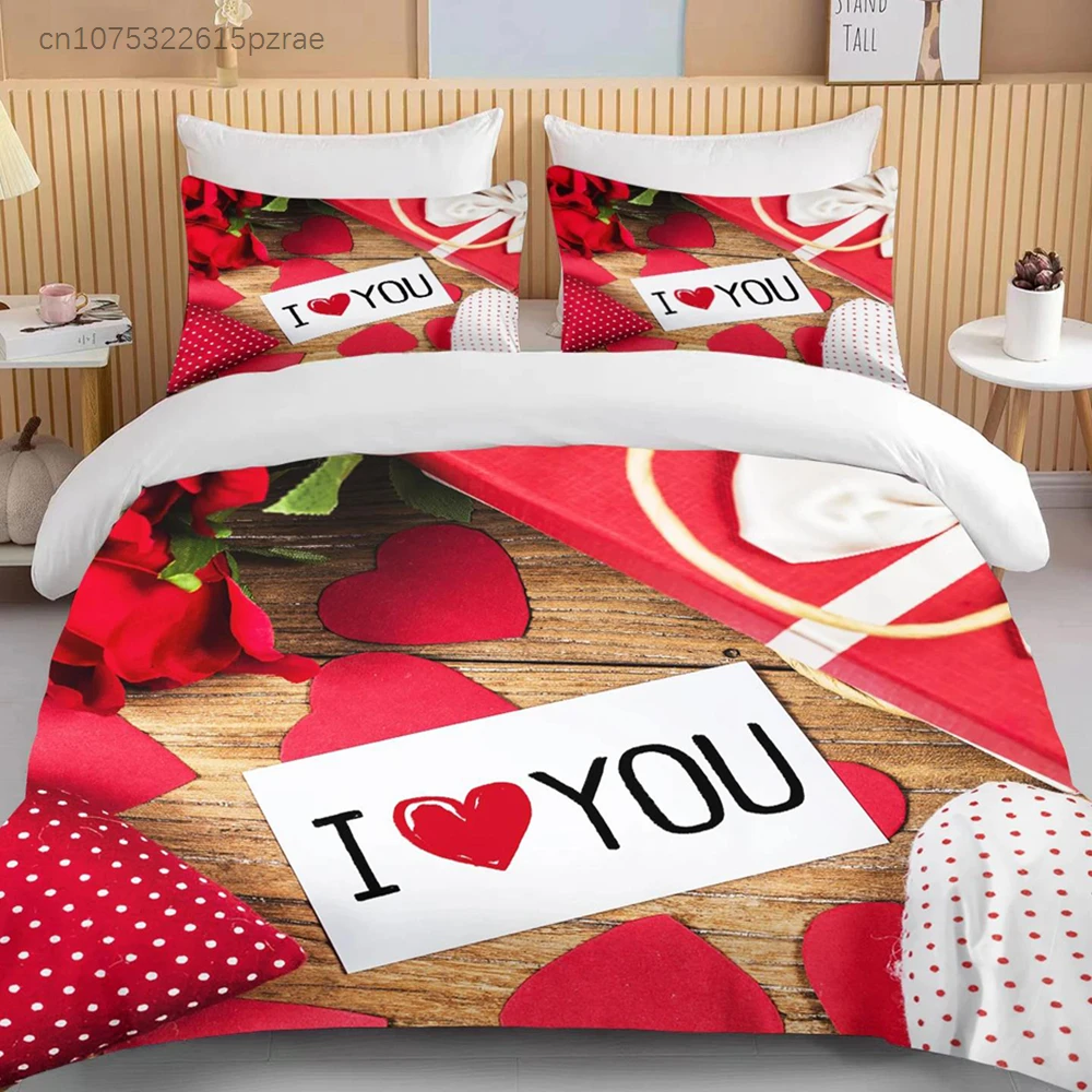 Love Heart Valentine's Day Red Pink Rose Flower 3D Bedding Set Duvet Cover Comforter Bed Linen For Couple Twin Queen King