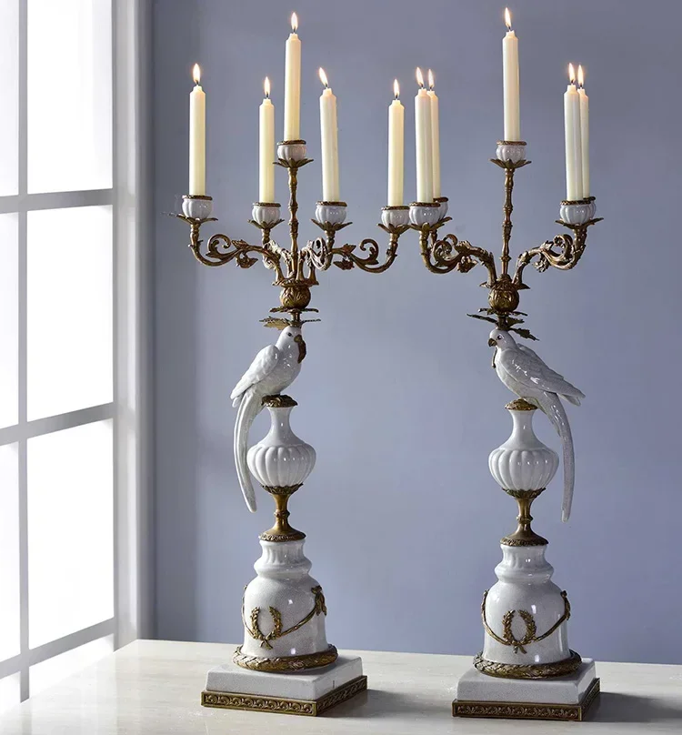 European style luxury ceramic bird  multi head brass candlestick holder for home wedding decoration