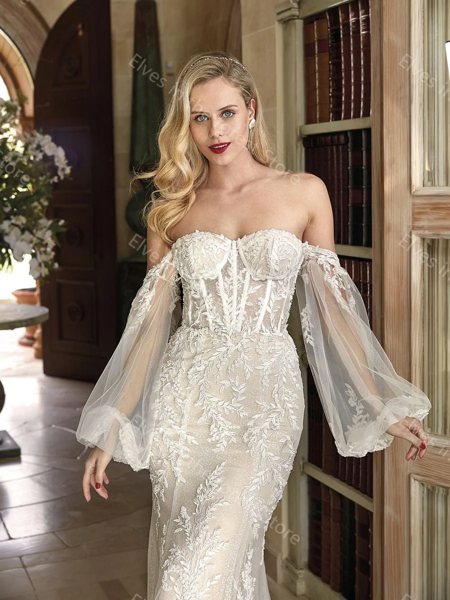 Glamorous Mermaid Wedding Dresses Charming Lace Appliques Bridal Gowns with Detachable Sleeves Floor Length Vestidos De Mariee