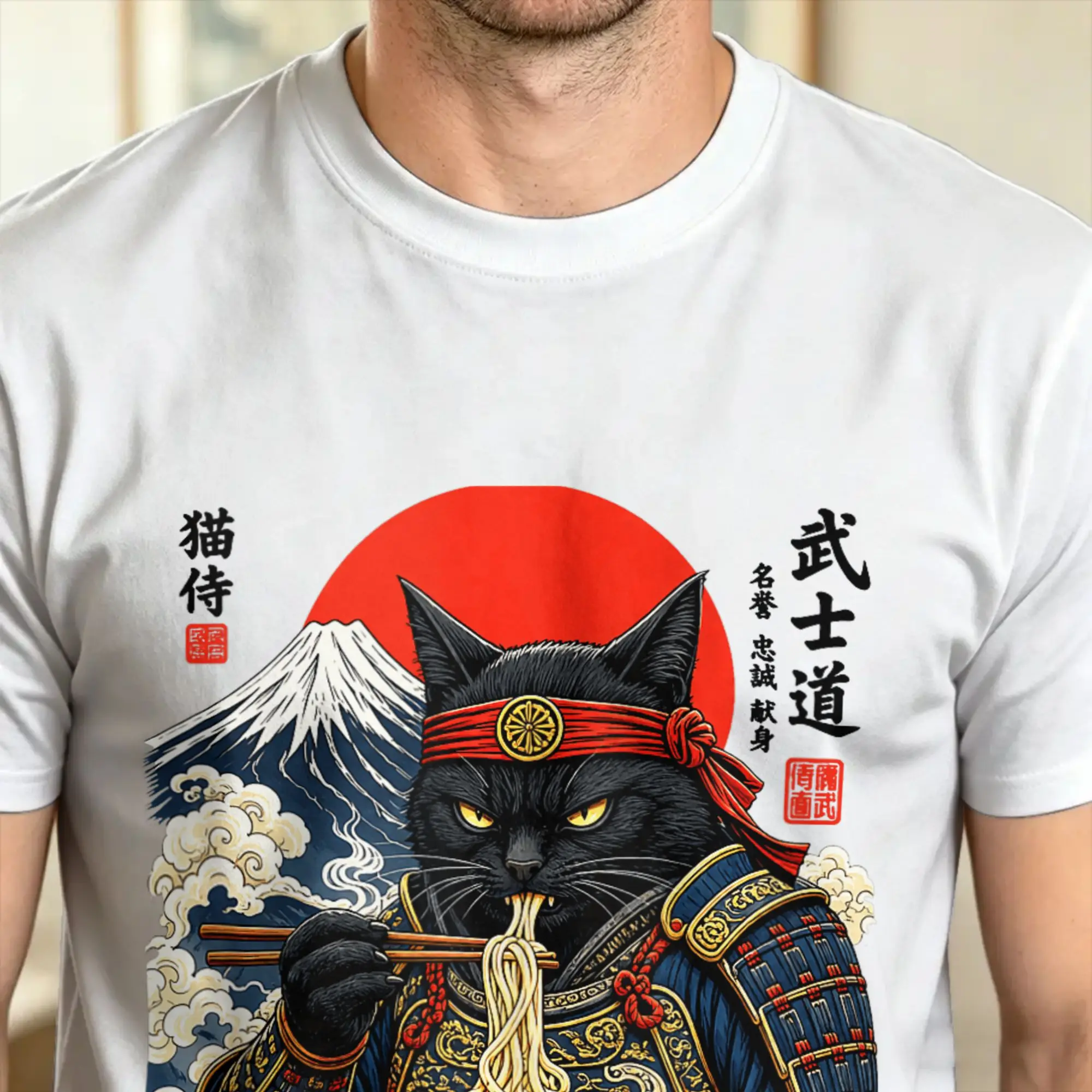 Übergroßes T-Shirt Schwarze Katze Samurai Isst Ramen Lustiges Japanisches Katzenkrieger Baumwoll-T-Shirt Freizeit-T-Shirt für Herren – Detail 4