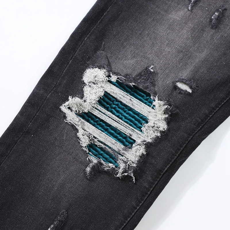 Y2KStreet Fashion New Men's Black Grey Jeans Washed Nostalgic Perforated Green Leather Patch Jeans Designer Hip Hop Brand Pant