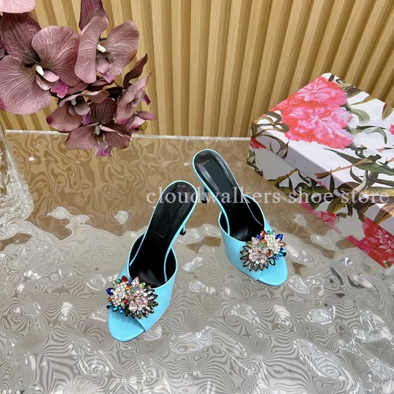 

Women's Luxury Rhinestone Buckle Satin Stiletto Slippers Glossy Patent Leather Peep Toe Design Slip On Fashion Party Slippers