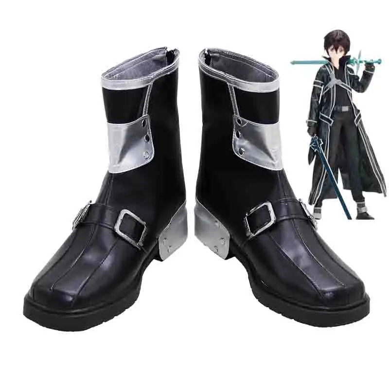 

Anime Cosplay Sword Art Online Kirito Cosplay Boots Black PU Leather Shoes For Halloween Costume Accessories