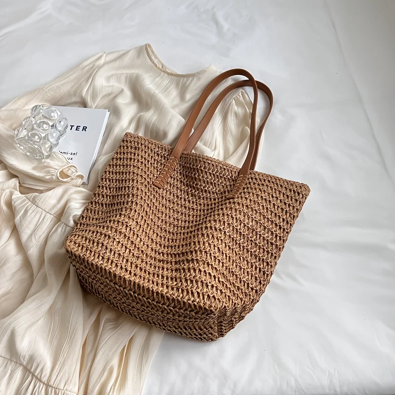 Fashionable and Versatile Women's Woven Bag with Zipper for Travel, Large Capacity Beach Bag, Handbag image 6