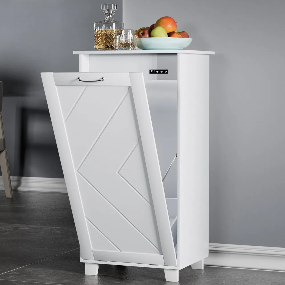 

Tilt Out Kitchen Trash Bin Cabinet, Dog Proof Garbage Can with Wood Holder Free Standing Recycling, White