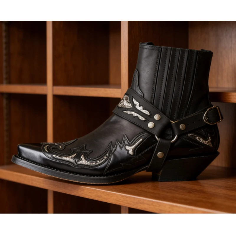 

Мужские черные ковбойские ботильоны в стиле вестерн с вышивкой и острым носком, повседневные вечерние ботинки в стиле ретро с пряжкой и ремешком для верховой езды, обувь для мужчин