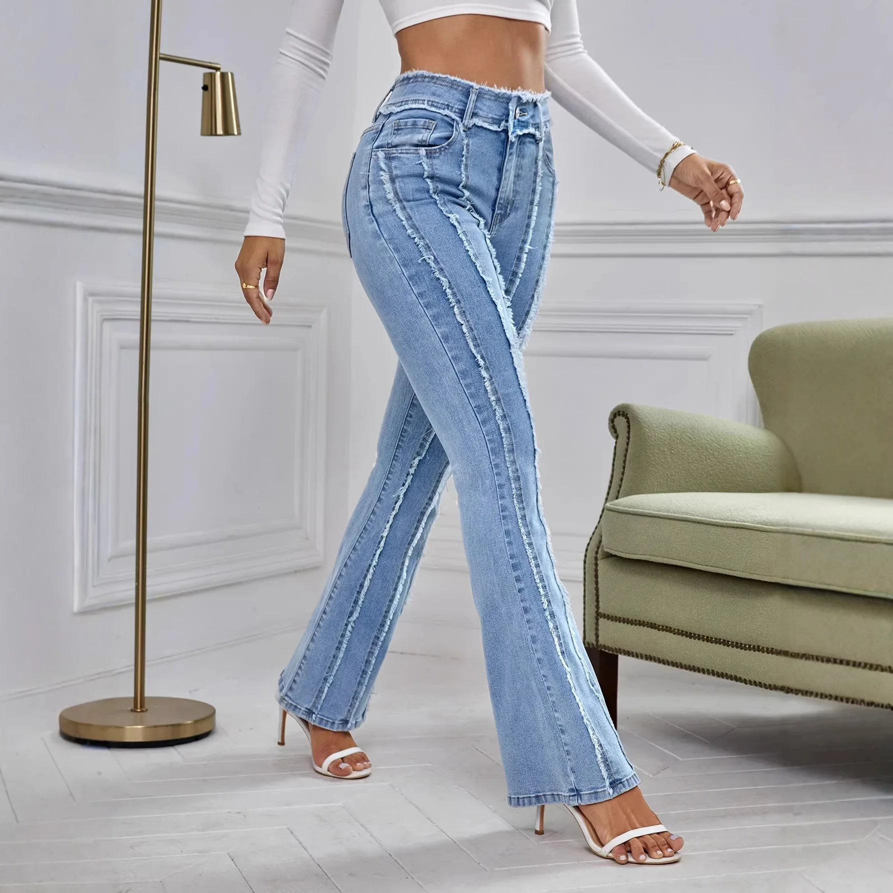 Women Denim Pant Jeans Vintage Long Pants Slim Fit High Waist Straight Trousers Y2k Streetwear Elegant Splice Work Casual Summer