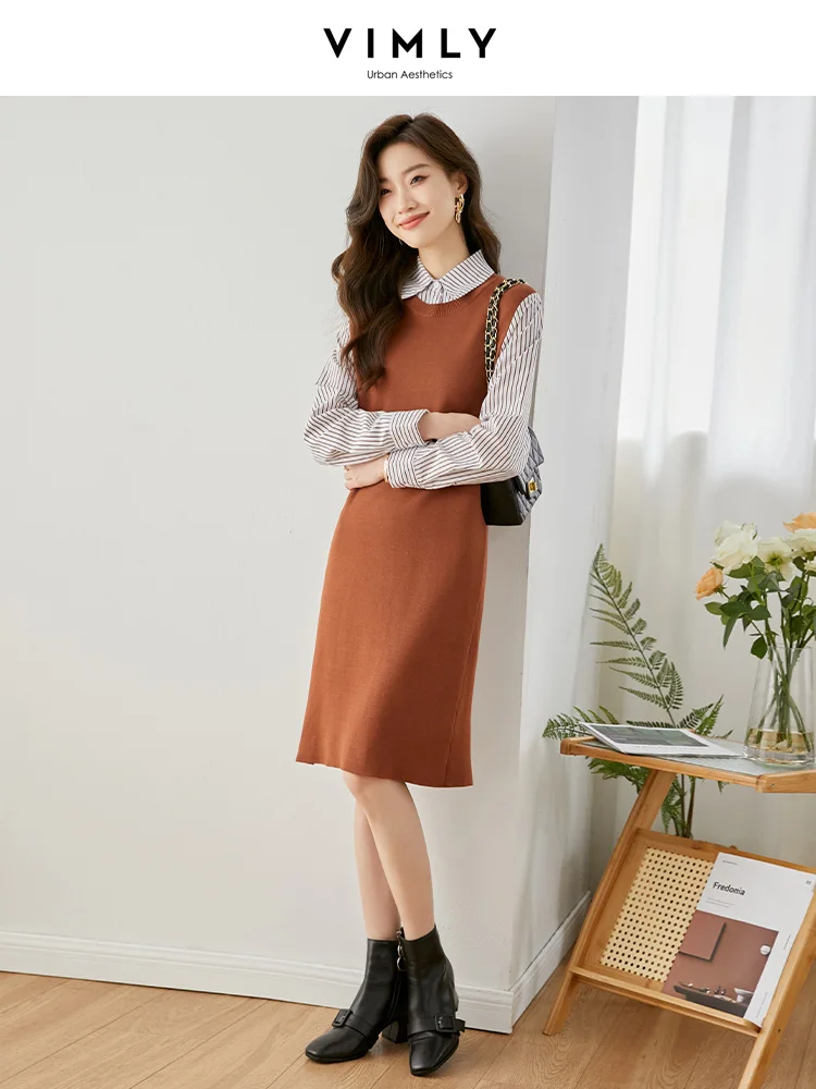 Vimly Spring Sweater Dresses for Women 2023 Korean Style Polo Collar Long Sleeve Knitted Fake Two-piece Shirt Dress Woman 71373