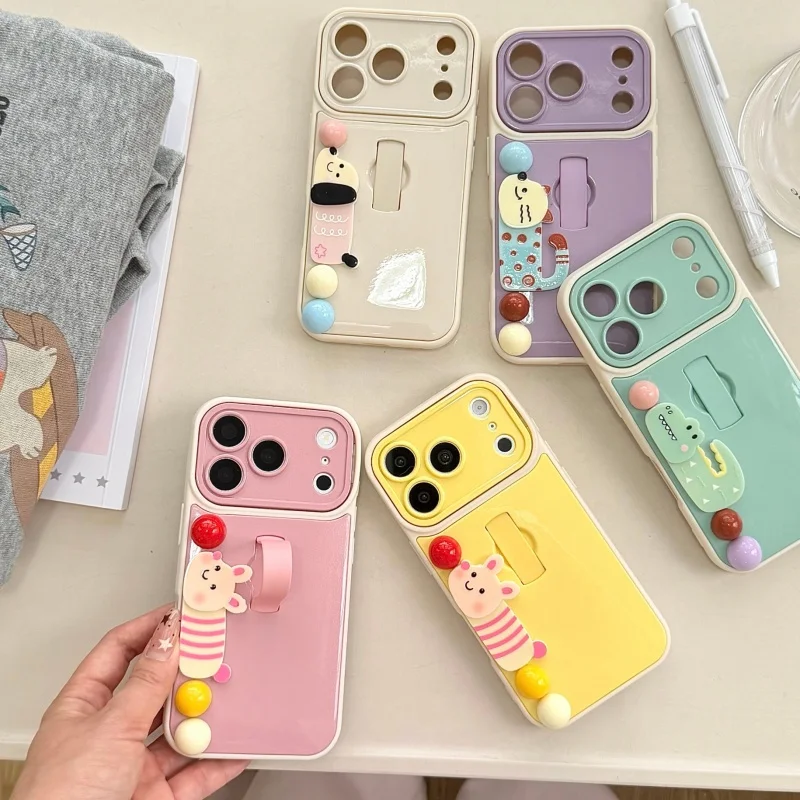 

Korean Cute 3D Color Bead Crocodile Animal Ring Phone Case For iPhone 17 Pro 16 15 14 Pro Max Protective Cover Shockproof Cases