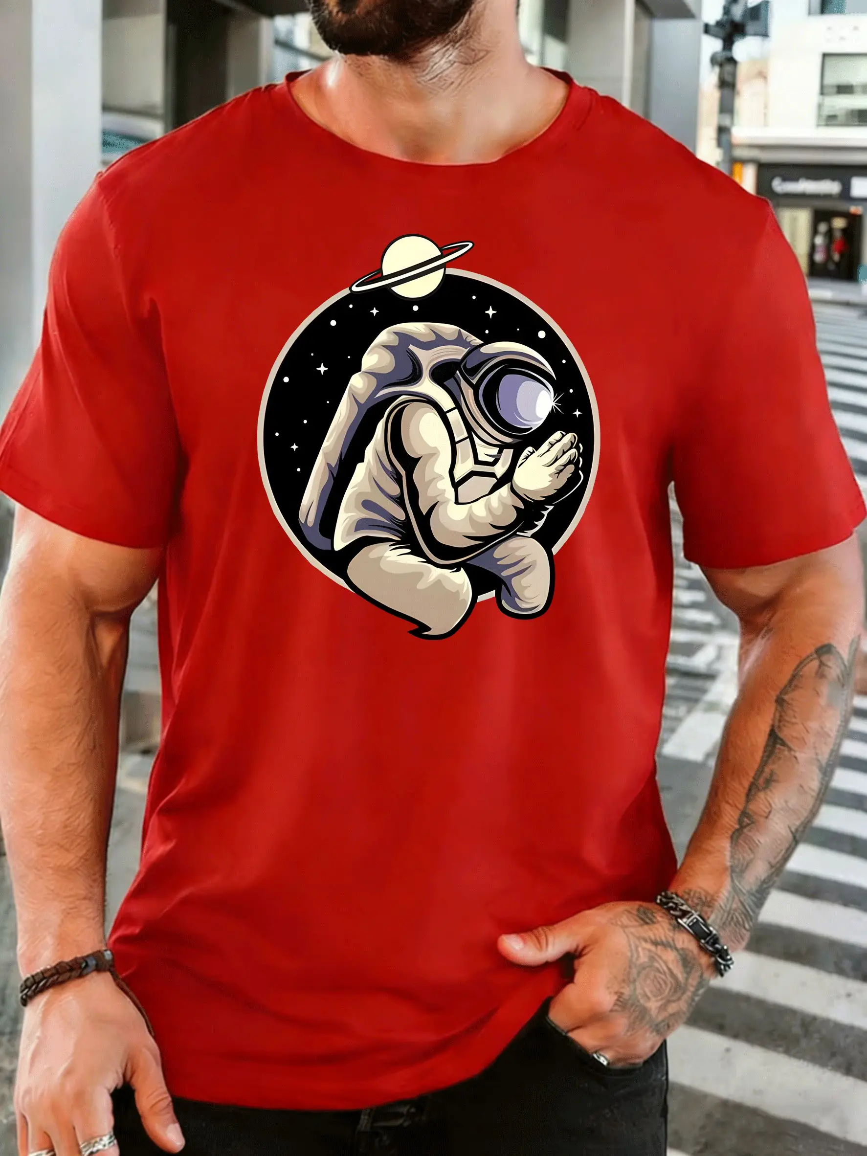 Men Short Sleeve T Shirt Praying Astronaut Graphic Tee Space Print Tops Summer Soft Cotton Casual Street Wear For Adult Male