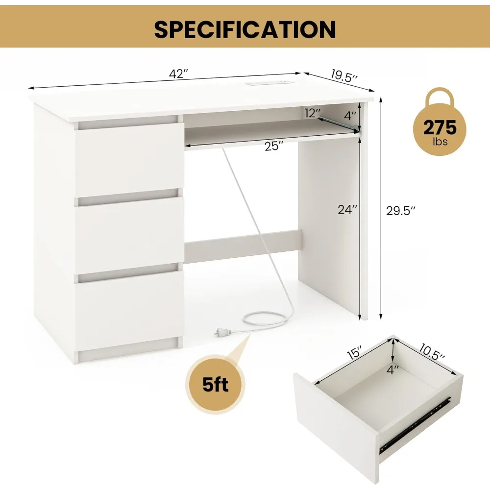 3つの収納引き出しと内蔵充電ステーションを備えたホームオフィスデスク、キーボードトレイ付きコンピューターデスク、学習机、ライティングデスク