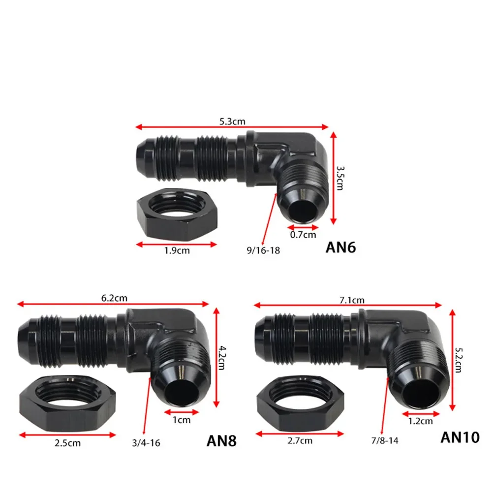 6AN AN8 AN10 Aluminum 90 Degree Male Flare Union Bulkhead Fuel Fitting with AN6 Bulkhead Nut, Black