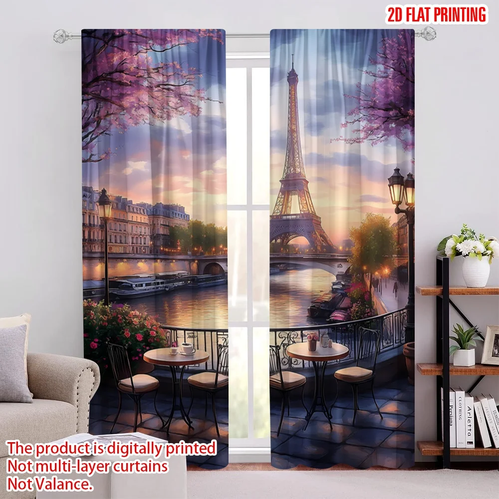 2pcs 2D flat printing Scene Curtains Paris Eiffel Tower River Cafe Scenic Polyester Without Electricity Seasonal Party & Holiday
