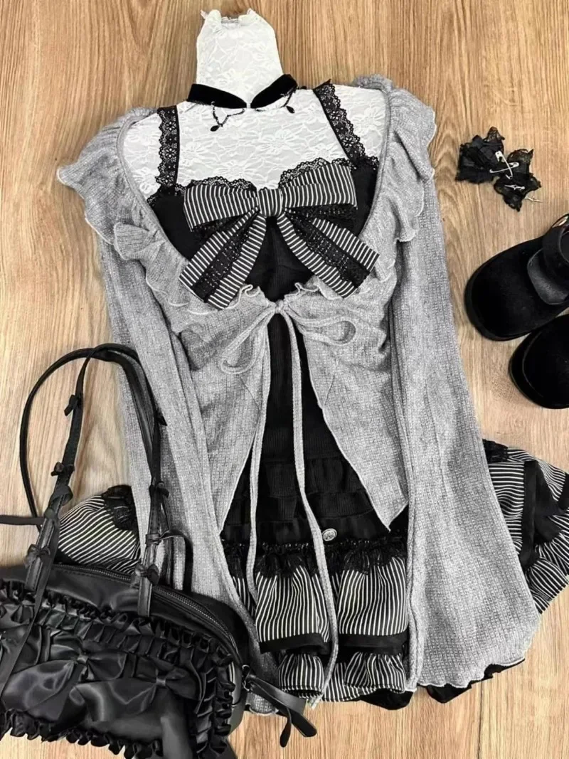 Sweet Lolita Lace Up Ruffles Cardigan+ Sexy Slim Fit Strapless Vest Tops+ High Waist Ruched Skirts Early Autumn Three Piece Sets