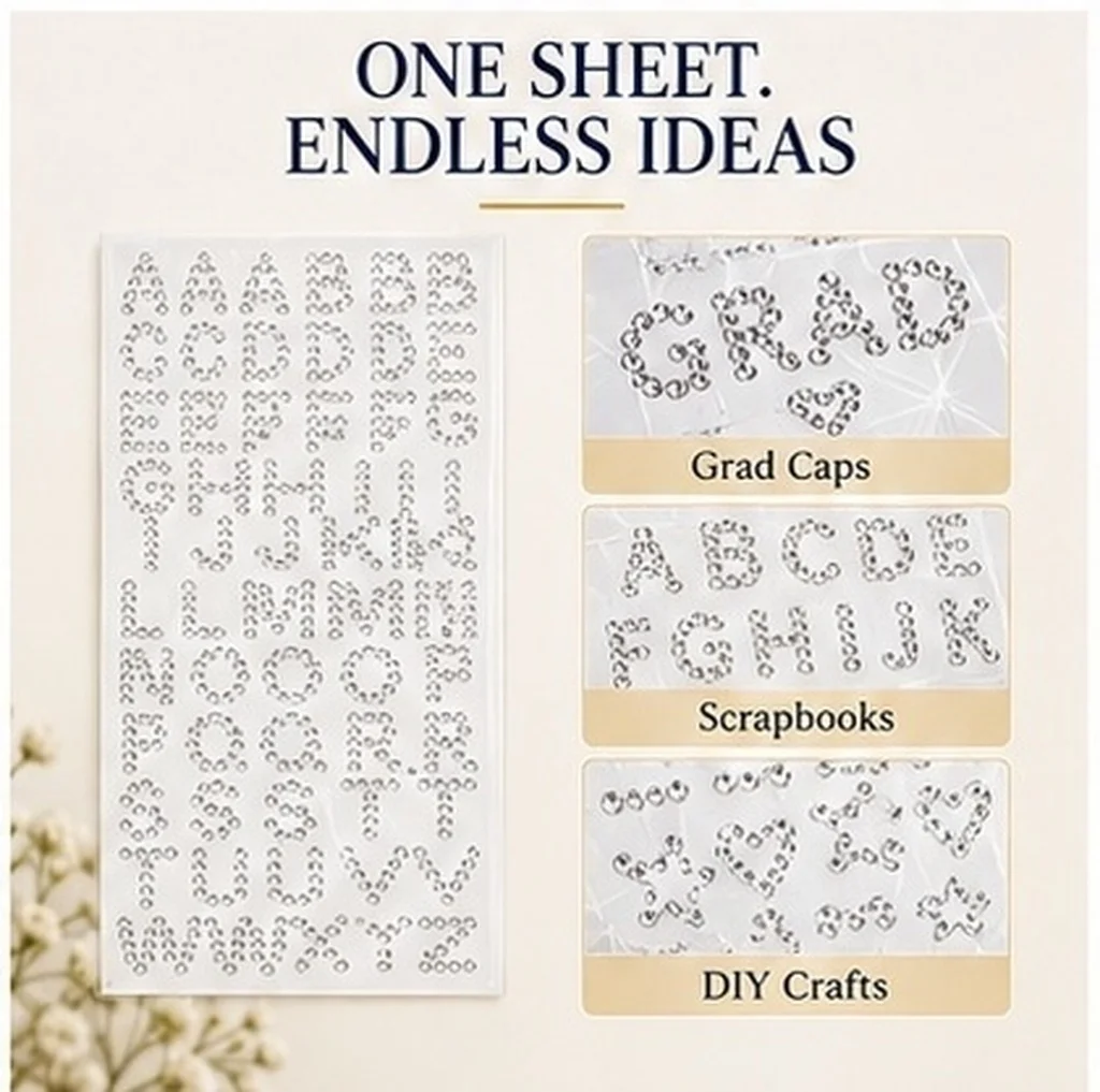 1 Sheet Glitter Rhinestone Alphabet Stickers Self-Adhesive 3D Pearl Letters Grad Cap Border Journal Scrapbook Craft Decoration