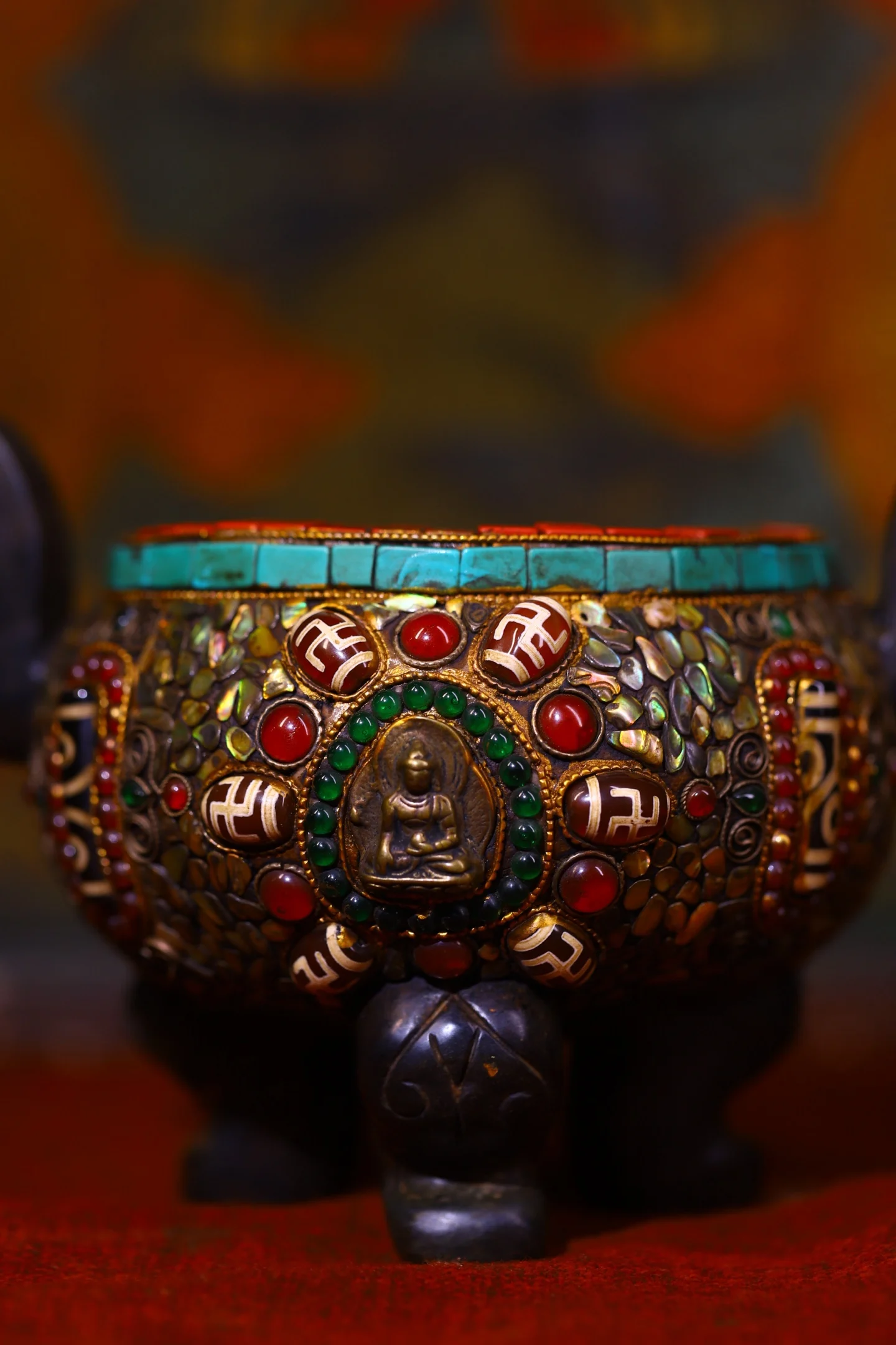 9 "مجموعة معبد التبت القديم النيزك الطبيعي فسيفساء جوهرة gZi الخرز قذيفة الفيروز شاكياموني نمط Luding البخور الموقد