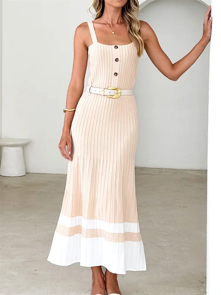 

Tossy Elegant Knitwear Holiday Long Dress Women's Ribbed High Waist Loose Square Collar Party Dress Evening Female Knit Dress