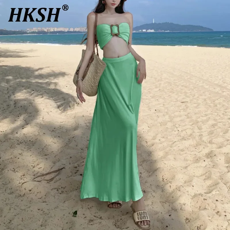 

HKSH Summer New Women's Tide Chic Beach Vacation Style Sexy Strapless Vest Low Waisted Skirt Casual Fashion Two-piece Set HK6369