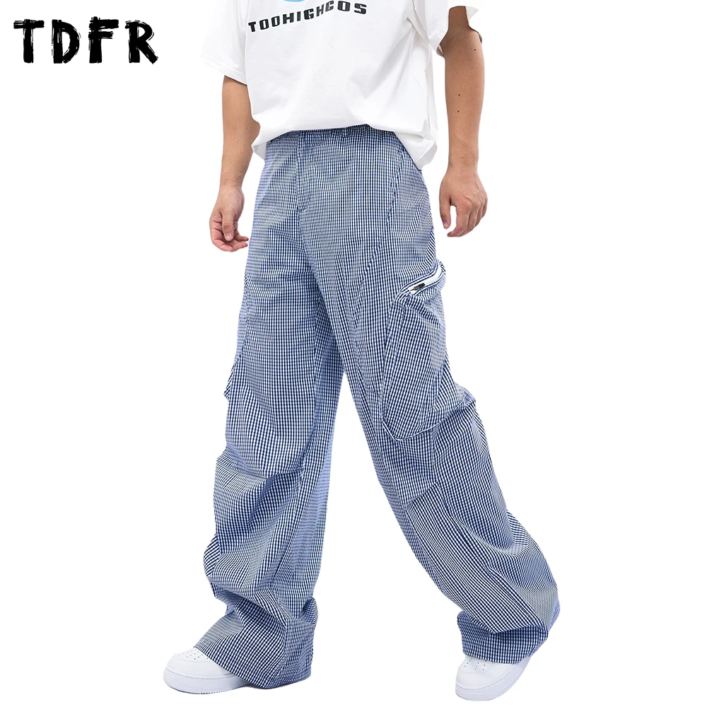 กระเป๋าลายสก๊อตกางเกงลายสก๊อต Mens Retro Casual Elastic เอวจีบตรงขากว้าง Baggy กางเกง Man