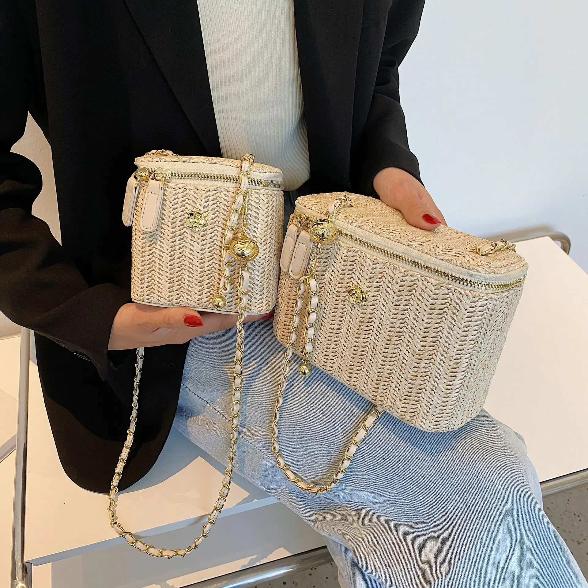 2026 Sommer Mini Stroh-Bucket-Crossbody-Tasche für Damen – Geflochtene Damenhandtaschen und -geldbörsen mit Kette, einfache Umhängetaschen – Detail 10