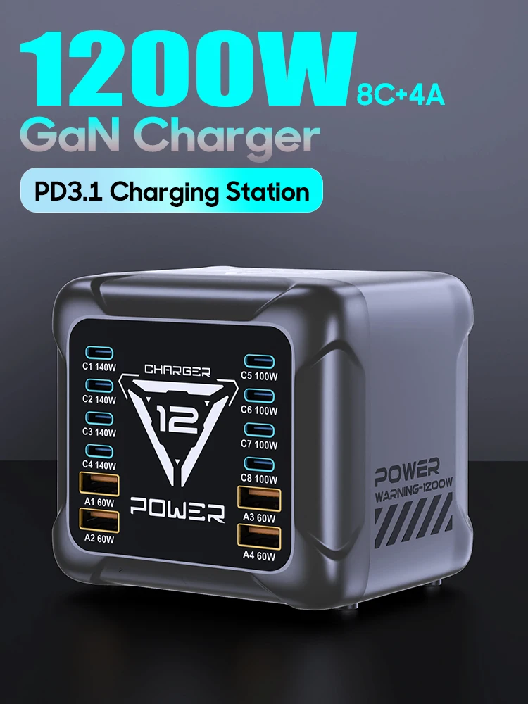 1200W USB-C lader, GaN PD3.1 140W 100W PPS snellaadstation type-C laptop voedingsadapter voor MacBook Samsung S25 iPhone 17 - afbeelding 2