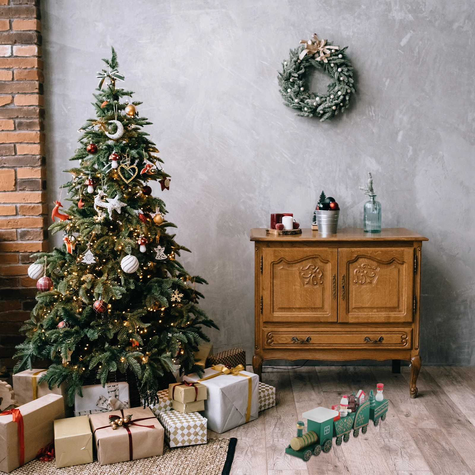 

Wooden Train Shape Ornament Christmas Four Carriages Desktop Adornment for Showcase Table Cabinet Holiday Party Decor Gift