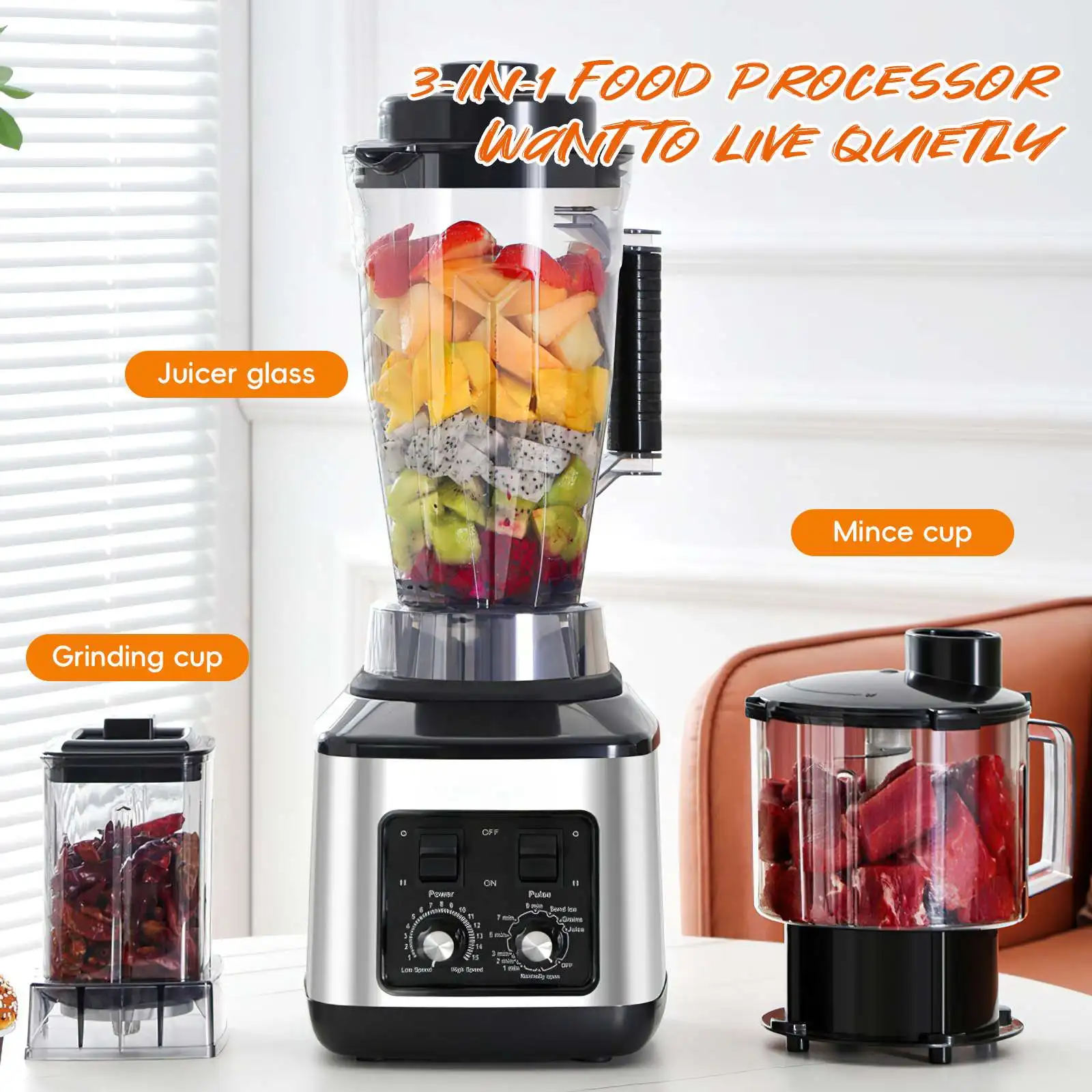 Procesador de Alimentos 3 en 1 de 9500W |   Exprimidor, Picadora de Carne y Molinillo para Uso Multifuncional en la Cocina - Sistema de 18 Cuchillas de Alta Potencia
