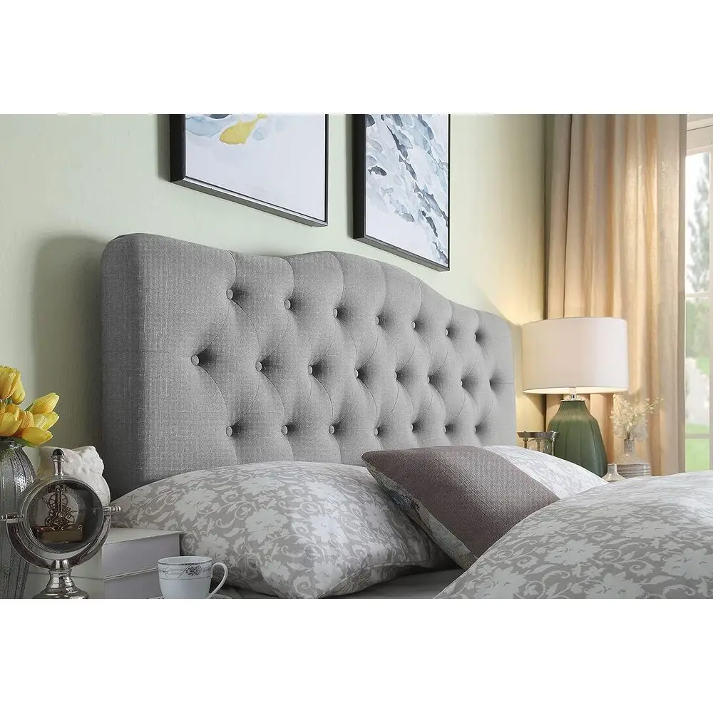 

Gray Linen-Covered Adjustable Height King Size Button-Tufted Upholstered Headboard