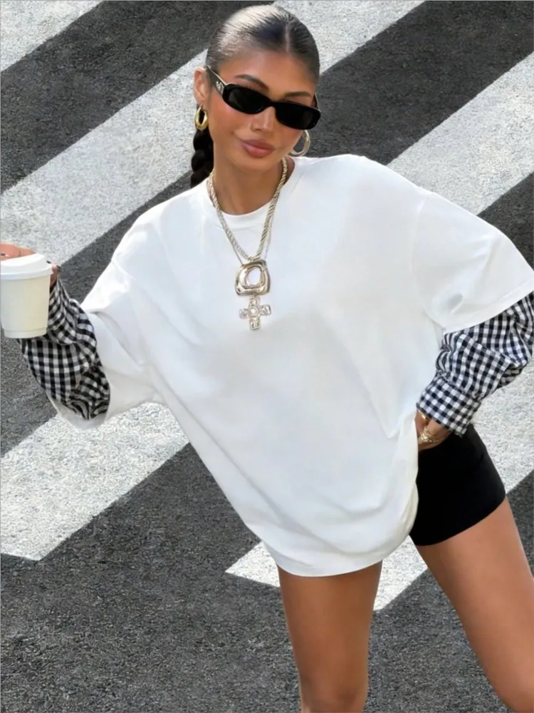 Basic Ladies Spliced Long Sleeve Sweatshirt Autumn Fashion New O-neck White Fake Two Layer Top Loose Casual Commuter T-shirt