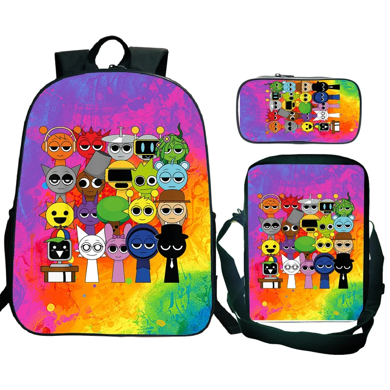 Sprunki incredibox mochila 3 pçs/set viagem portátil daypack com bolsa de ombro caso lápis jogo terror escola estudante bookbag