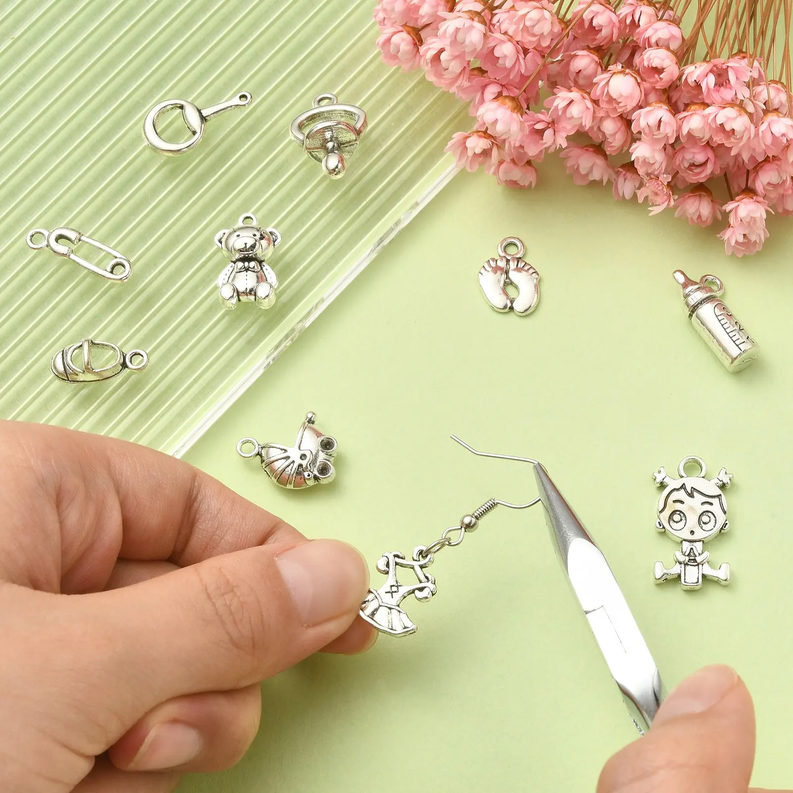 100Pcs 10 Styles Baby Theme Charms Baby Girl Carriage Footprint Charms Tibetan Baby for Mother's Day Jewelry Making Crafting