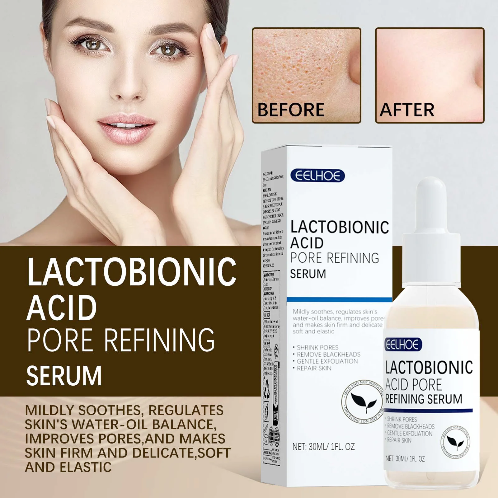 EELHOE-suero Facial de ácido lactobiónico, esencia para refinación de poros y suavizante de la piel, tratamiento para el cuidado de espinillas, sin aceite y no comedógeno