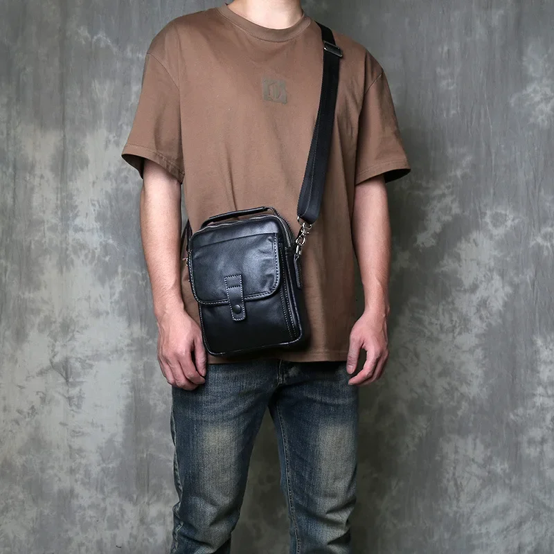 Genuine Leather Men's Crossbody Bag - Top-Grain Cowhide Small Square Shoulder Bag, Casual Vertical Phone Pouch Sling Pack