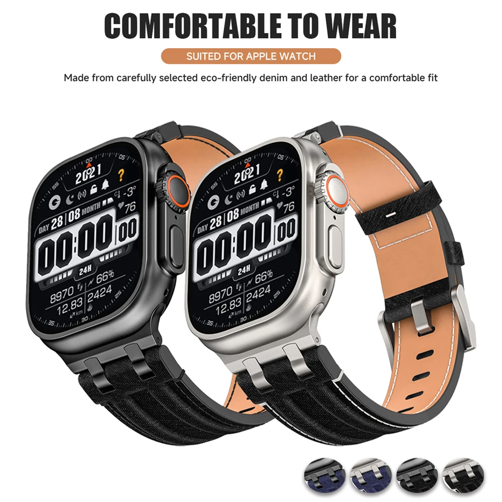 Leather Band for Apple Watch 4 5 6 Ultra1 2 SE 7 8 9 10  Denim Fabric Bracelet for iWatch 42 44 45 46 49mm Watch Accessories