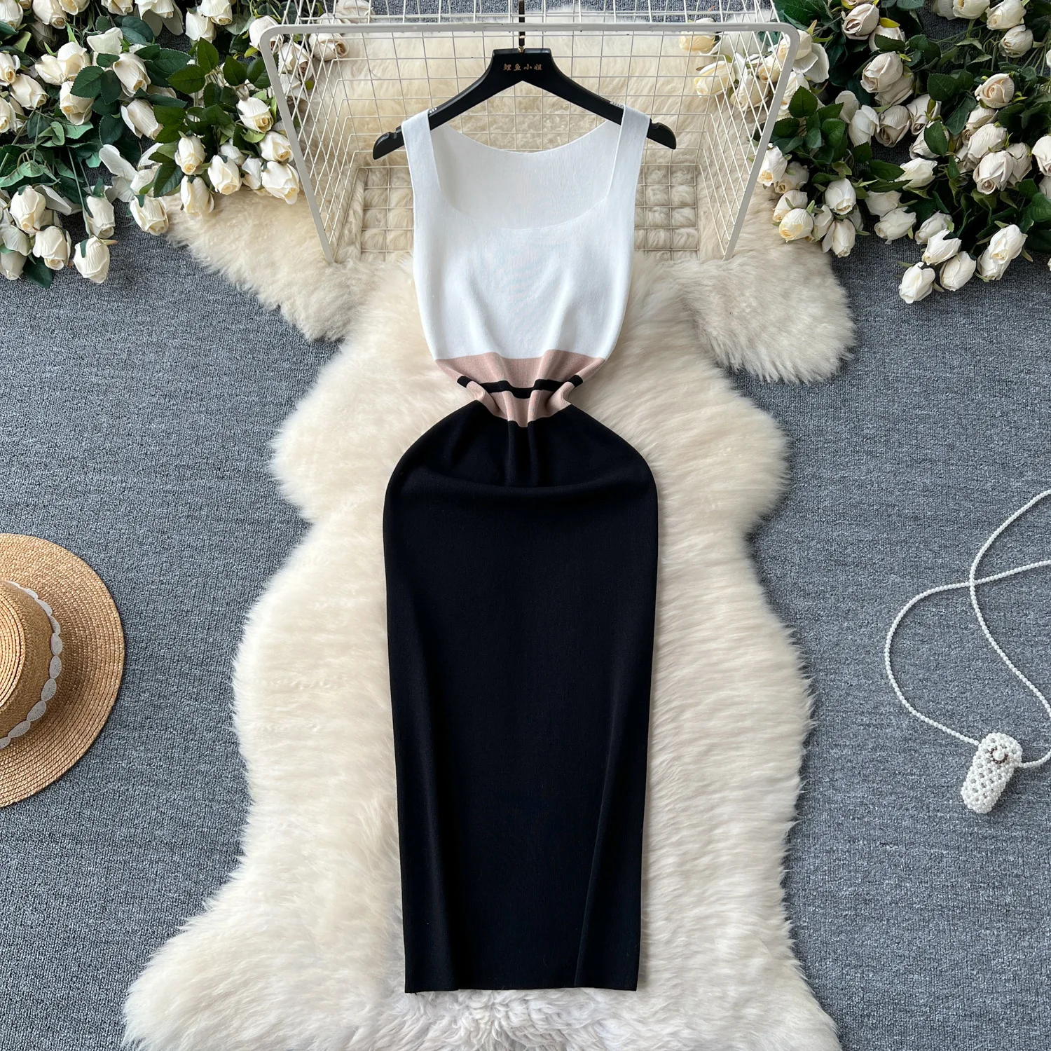 

Dress Sexy Women Long Dresses Slim Fit Square Collar Sleeveless Knitted Hip Wrap Elegant Splice Vest Vestidos Summer 2024