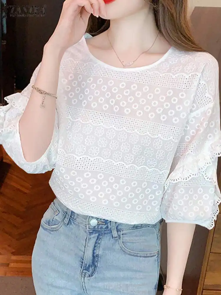 ZANZEA Summer 2024 Solid Shirt Tops Fashion 3/4 Puff Sleeve Hollow Out Embroidery Women Blouses Ruffled Trim Elegant Blusas