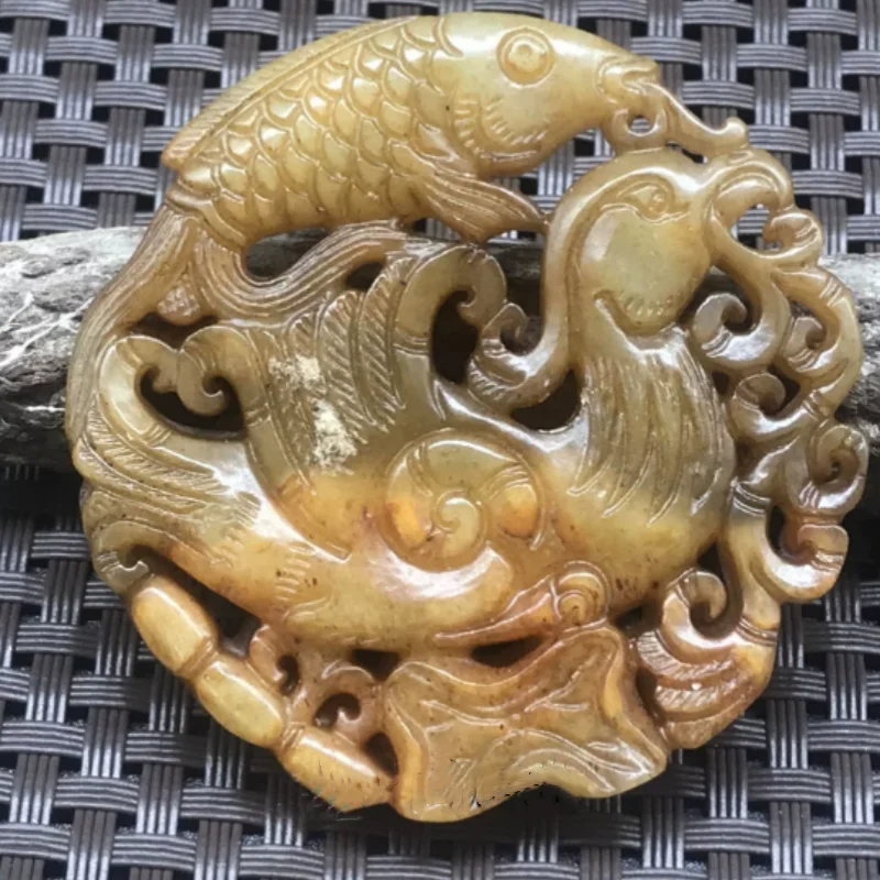 

Antique jade carving Xiuyu hollowed out fish statue ornament handle piece folk art collectible handicraft