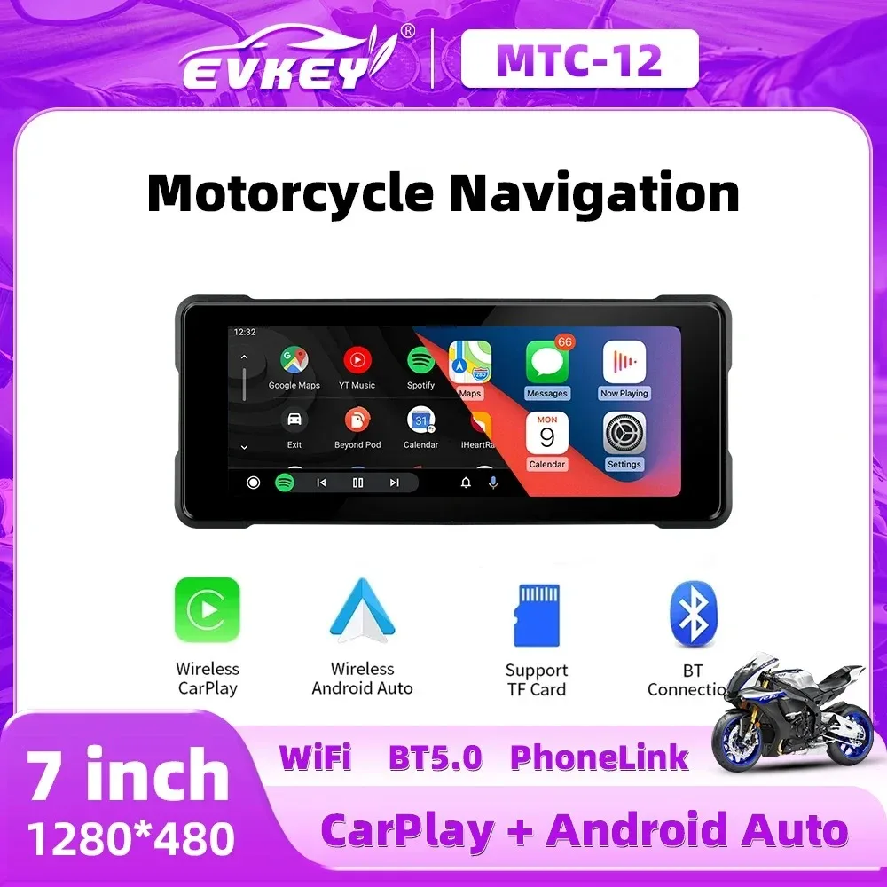 EVKEY 7.0inch Motorcycle CarPlay Wireless Apple GPS Navi Wireless Android Auto Front Rear Dual Bluetooth Optional DVR