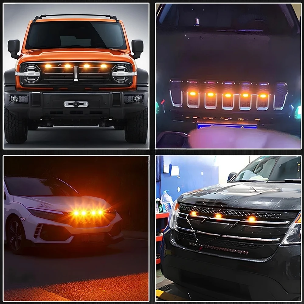 4pcs/set 12V Universal Car LED Grille Light Yellow Amber Decoration Lights Wire Harness Daytime Running Grill Light Fog Lamp