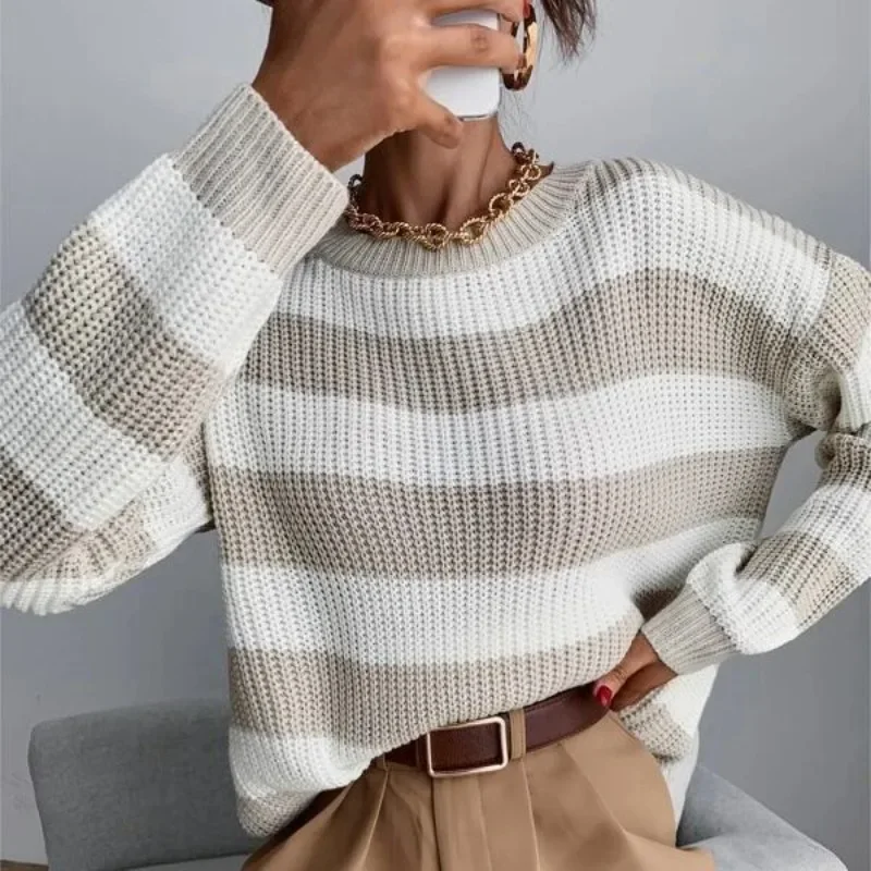 

Versatile Women Long Sleeve Knitted Pullover Temperament Commuting Autumn & Winter 2024 New Women's Casual Striped Loose Sweater