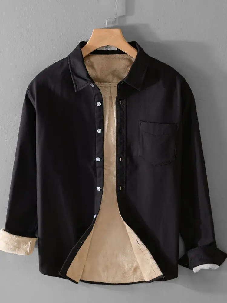 

Ox Cloth Fce Lined Thi Long Sve Men's irt Casual Warm Cold Proof Japanese Sle Loose Fit Cotton Polyester Blend