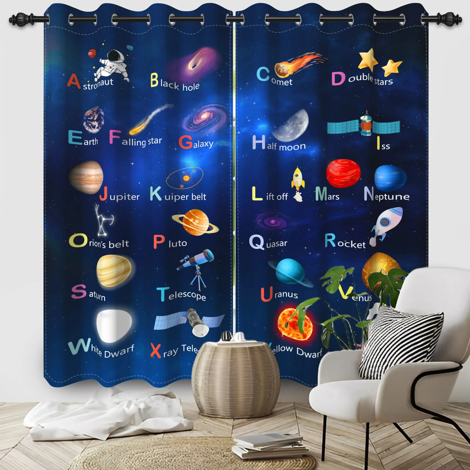 2pcs/set Deep Blue Sky Letters ABC Window Curtain Universe Space Planet Rocket Boys Bedroom Decor Blackout Polyester Curtains