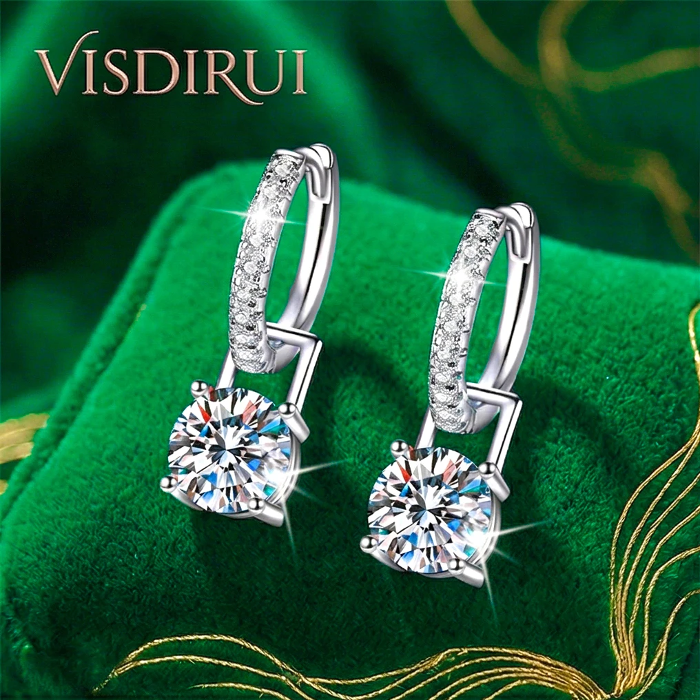 

VISDIRUI D Color Moissanite Dangle Earrings S925 Silver 1ct Round Cut Hypoallergenic Fine Jewelry Anniversary Gift Women