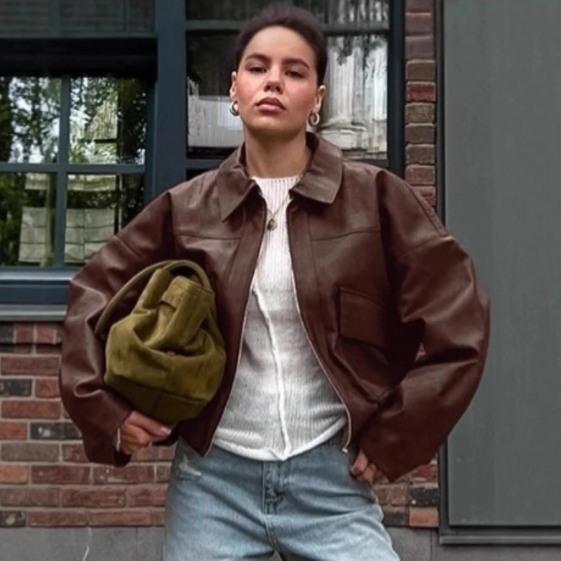 TARUXY Vintage Zipper PU Leather Jacket Women's Fashion Turn-Down Loose Long Sleeve Spliced Pocket Solid Coat Autumn Street Coat